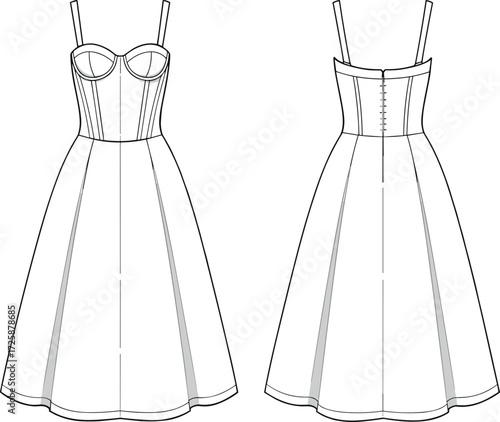 PrintFashion flat sketch of women's corset midi dress, technical design for apparel industry, vector clothing template, fashion CAD illustration.