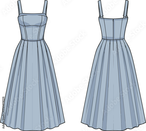 PrintLight blue sleeveless dress, fashion flat sketch, front and back view, pleated skirt, technical drawing, garment design, clothing illustration, apparel template