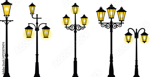 PrintVintage street lamp collection, glowing lantern post design, retro urban lighting, antique outdoor lamp illustration, classic city night illumination, decorative lanterns