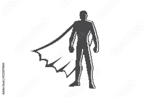 Pixelated hero stands with cape flowing proudly isolated on a solid white digital background