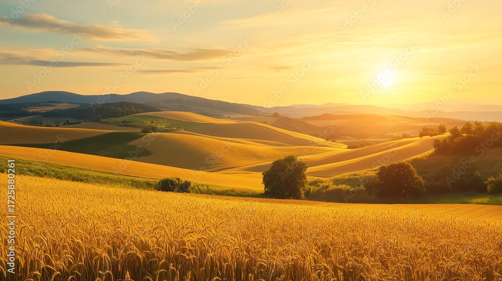 Fototapeta premium Experience the serene beauty of rolling countryside hills adorned with golden wheat fields, illuminated by the warm hues of sunset.