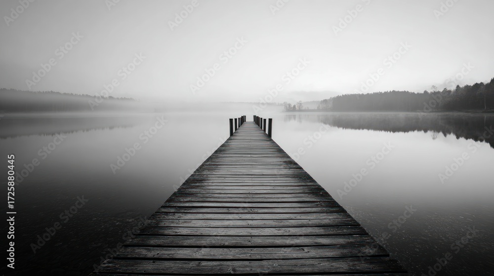 Fototapeta premium A tranquil grayscale view of a wooden pier extending into a misty lake