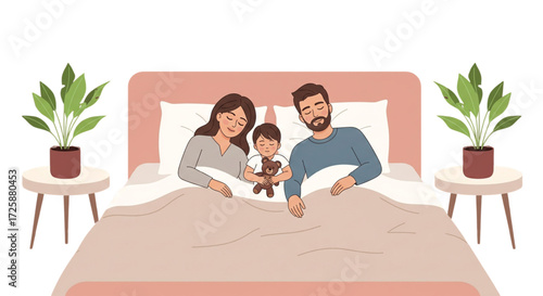 Happy family sleeping soundly in a cozy bed. Parents and child with teddy bear. Modern flat vector bedroom illustration.