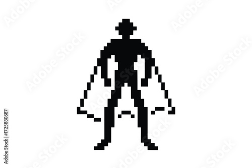 Pixelated hero wearing cape stands powerfully against white background in simple black silhouette
