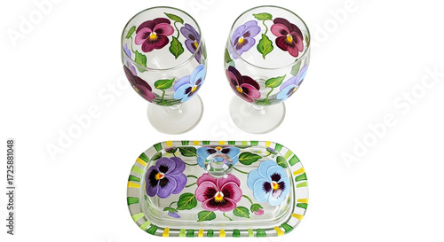 Hand-Painted Glass Pansy Floral Egg Cups and Butter Dish Set. Whimsical Kitchen Tableware Decor.