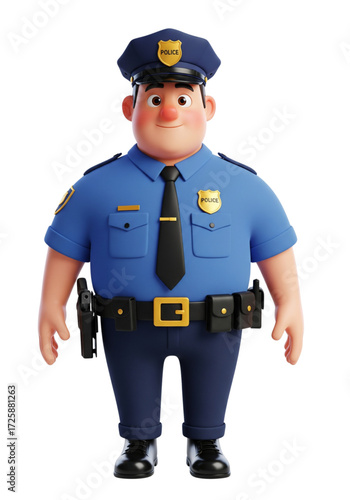 Smiling 3D cartoon police officer character in a blue uniform, cap, and badge, with a gun holster, standing on white background.