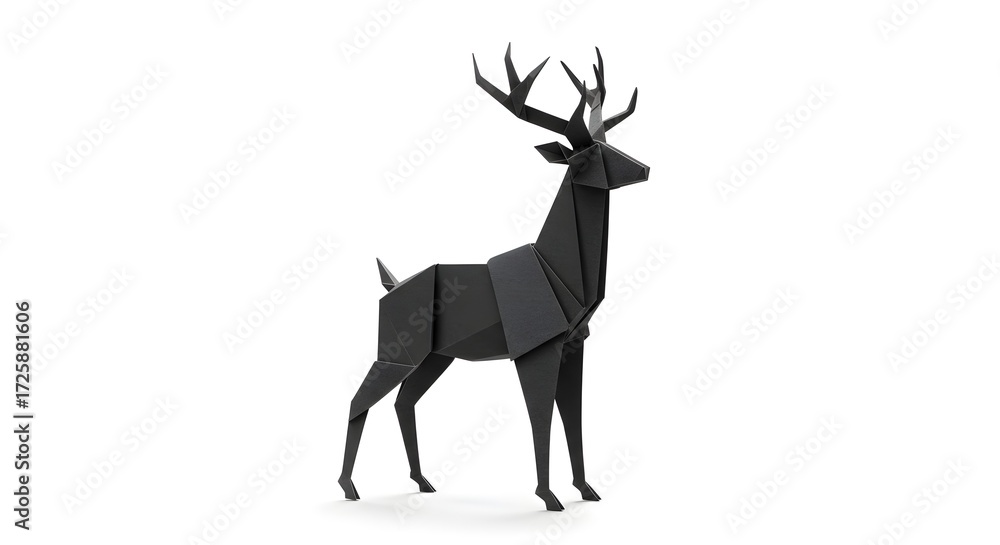 Fototapeta premium Geometric Black Origami Deer Sculpture on White Background