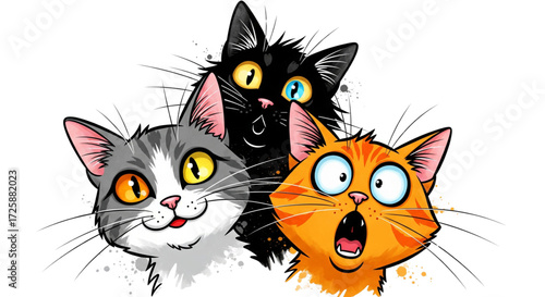 Funny cartoon cats illustration with a happy grey tabby, surprised black cat, and shocked orange cat on a white background
