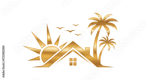 Golden tropical beach house logo with sun rays, palm trees, and flying birds. Luxury vacation rental design.