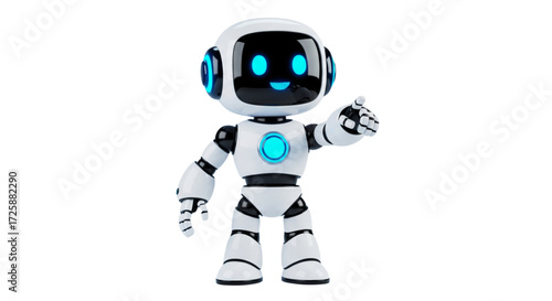 Cute friendly white digital robot mascot with glowing blue eyes and chest light, 3D render of a futuristic AI tech assistant presenting.