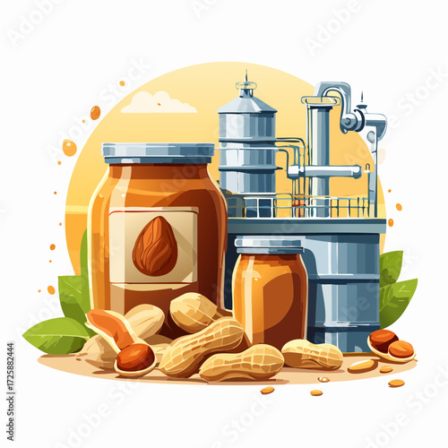 Delicious almond butter jars beside a modern nut processing factory, a taste of nature and industry coming together for a vibrant and healthy snack