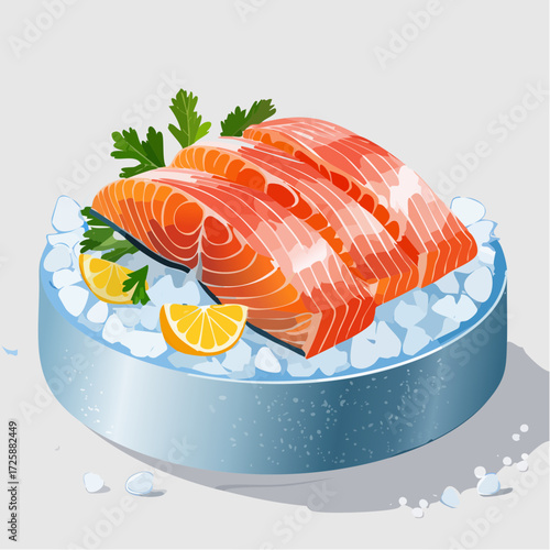 Fresh salmon fillets on ice with lemon and parsley garnish, a vibrant and appealing seafood presentation for culinary creations and healthy eating concepts