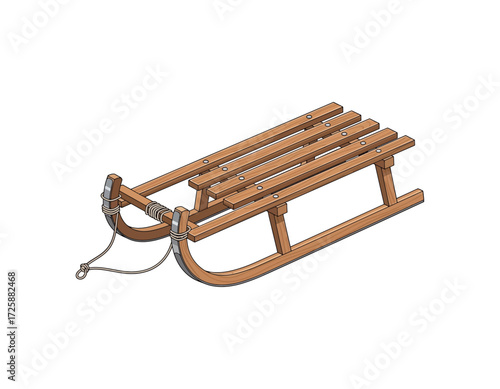 Detailed vector illustration of a classic wooden toboggan with steel runners and a pull rope, isolated on a white background for winter design projects