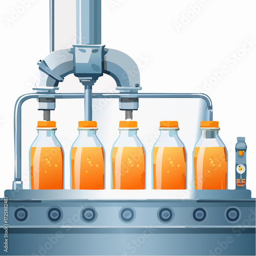 Modern beverage industry illustration showing bottles of fresh orange juice being filled on an automated production line, perfect for food and drink concepts