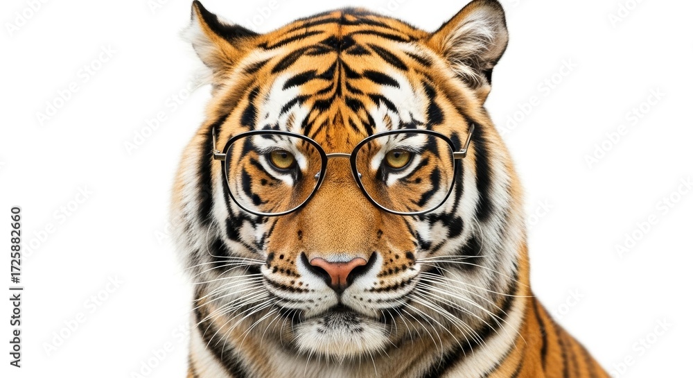 Fototapeta premium tiger wearing glasses, spectacles eyewear, on a solid white background