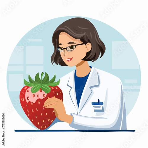 Scientist analyzing a vibrant strawberry in a lab, showcasing food science innovation and agricultural research for a healthier future through modern technology