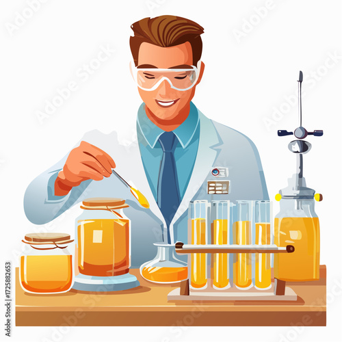 Scientist carefully analyzing golden liquid samples in a bright lab, conducting research with test tubes and glassware for innovative experiments