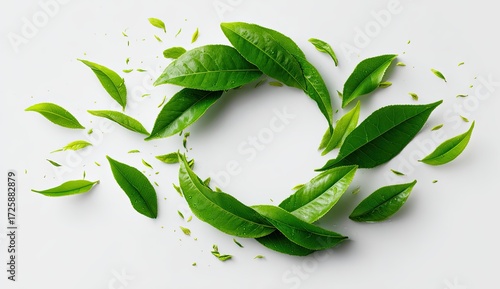 Fresh green tea leaves arranged in a circle, scattered around a blank center, on a white background