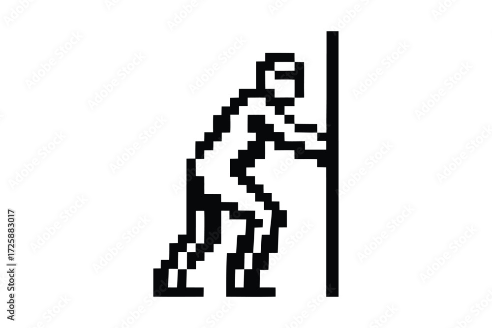 Obraz premium Pixelated man presses his hands against a vertical pole, in black and white