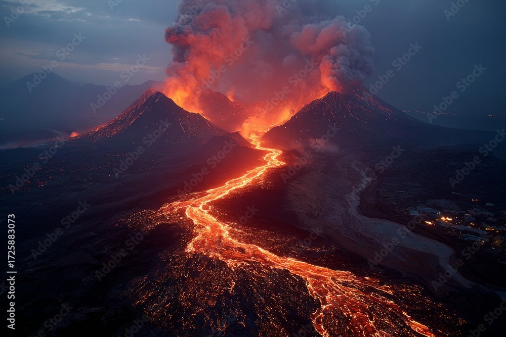 Fototapeta premium Volcano erupting during night, molten lava flowing from crater, ash cloud discharging to sky