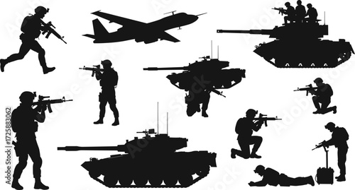 Military forces silhouettes. Set of soldiers, tanks, and an airplane, depicting army combat and training scenarios