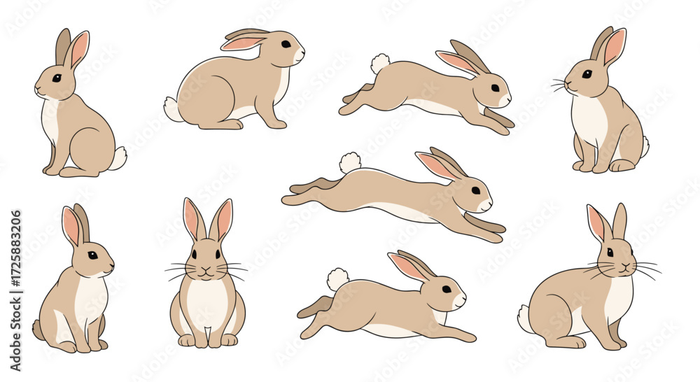 Fototapeta premium A collection of cartoon rabbits in various playful poses.
