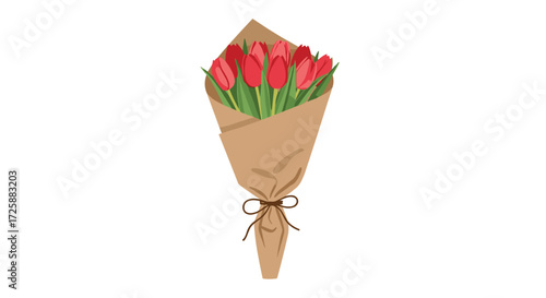A beautiful bouquet of red tulips wrapped in brown paper.