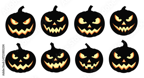 Eight spooky carved jack o lanterns on a white background.
