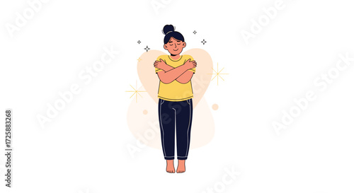 A person hugging themselves with a heart shape behind them