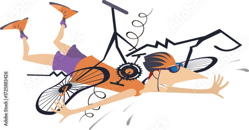 Cyclist man falling down from the bicycle. 
Cyclist man in helmet laying on the ground under the broken bicycle
