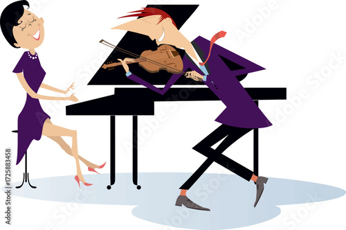 Couple musicians. Pianist woman and violinist man. Expressive duet of pianist woman and violinist man. Isolated on white background