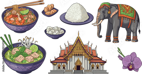 Thai food and cultural elements illustration on transparent background