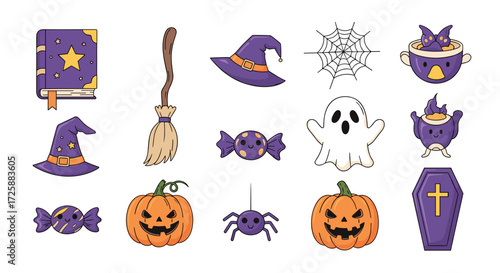 A whimsical collection of pixel art Halloween icons including pumpkins witches hats and ghosts.
