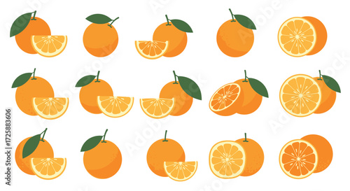 A collection of pixelated oranges and their sliced halves.