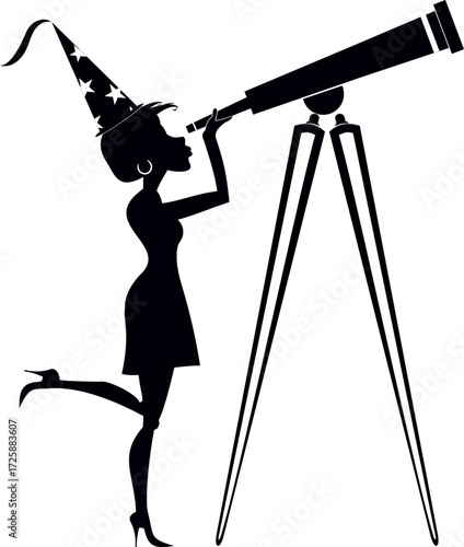 Astronomy scientist or stargazer woman. 
Astronomy scientist or stargazer woman looking through a telescope. Fantasy wizard in tall hat. Black on white illustration

