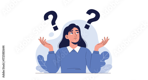 A woman shrugging with two question marks above her head.