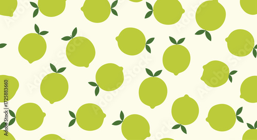 A bright and cheerful pattern of green limes with leaves on a pale yellow background.