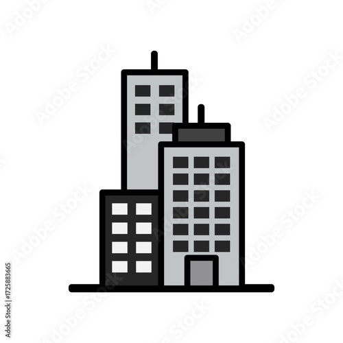 Flat design illustration of tall office buildings and skyscrapers, symbolizing business centers, real estate, and corporate environment.