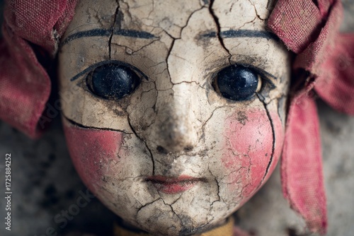 Old cracked porcelain doll head featuring decaying paint and dark eyes