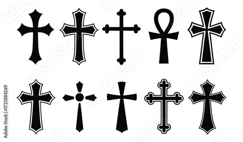 Black cross icon set featuring ten unique religious designs including ankh and stylized variations, ideal for faith, culture, and symbolism themes