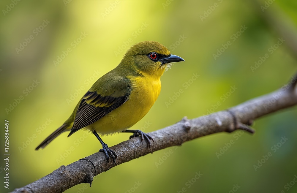 Fototapeta premium Vibrant yellow bird with red eyes, black beak sits on tree branch, blurred green foliage background. Wild Bellbird, native New Zealand bird, Anthornis melanura, beautiful avian creature in natural