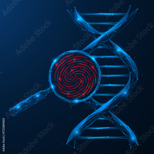 Genetic identity scanning. A DNA spiral with a magnifying glass, inside of which a fingerprint is visible. The concept of biometric identification and genetic examination.