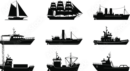 Various ship silhouettes. Set of different ship and boat silhouettes, including sailing, cargo, and fishing boats, isolated on a white background