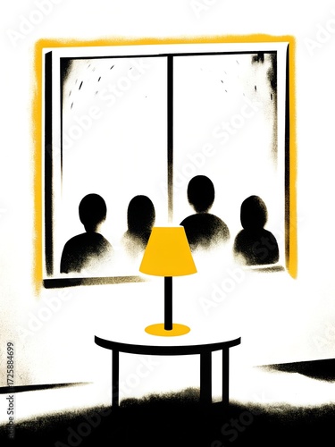 Silhouettes of children looking through a window into a cozy home  