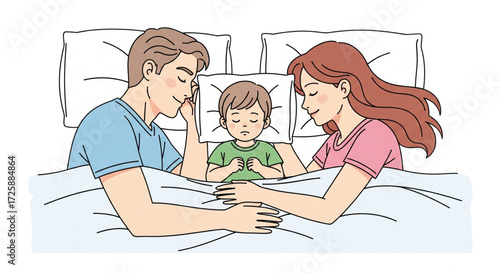 Clean line art cartoon illustration of a happy family sleeping together. Parents and child co-sleeping peacefully in bed.