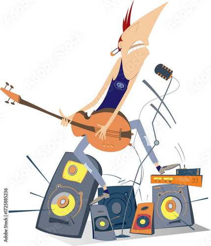 Rock music. Guitar player singing. Amplifier and speakers
Expressive singing guitar player
