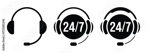 Black and white headset icon set featuring microphone and 24/7 support symbols, ideal for customer service, communication, and tech assistance themes