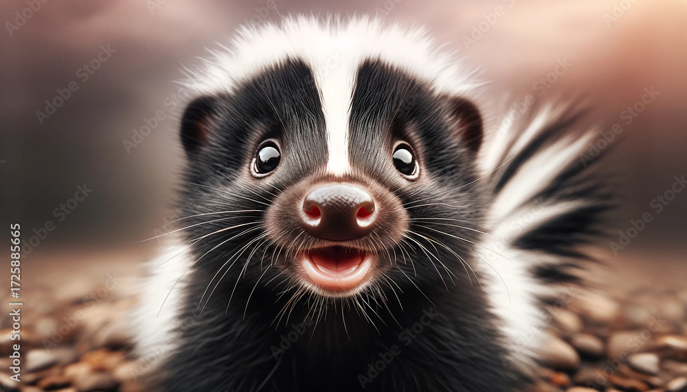 Obraz premium Adorable close-up of a smiling baby skunk with soft fur, bright eyes, and warm natural lighting. Children’s books, eco branding, packaging, posters, ads, and friendly wildlife design projects.