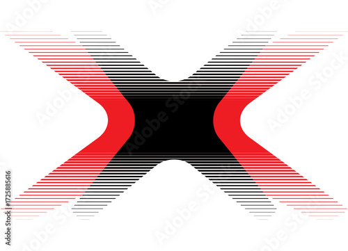Red and black letter X on a white background. Striped design element. Sport pattern, Vector logo. Modern background. Thin lines