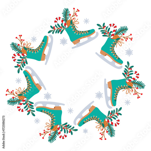 Festive frame of christmas skates with floral composition and snowflakes. Bouquet of red berries, pine branch with a cone and candy canes. Vector border with cartoon objects on white background.